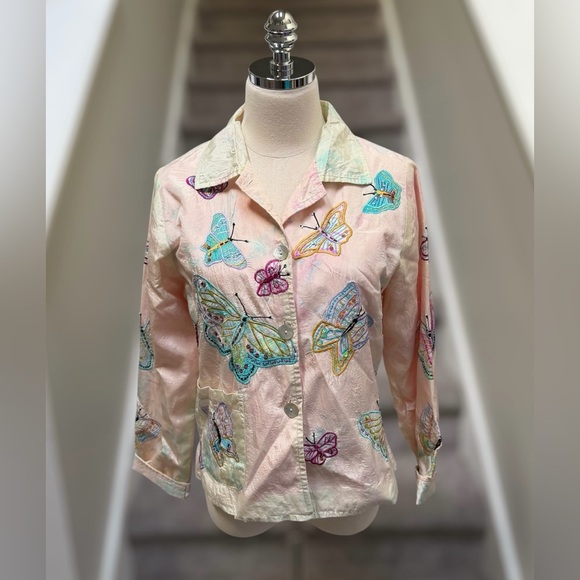 Y2K Parsley & Sage Pastel Tie Dye Silk Embroidered Butterfly Blazer Fairycore - Picture 2 of 16